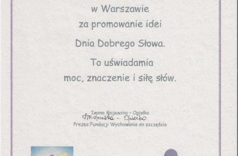 Certyfikat za promowanie idei Dnia Dobrego Słowa
